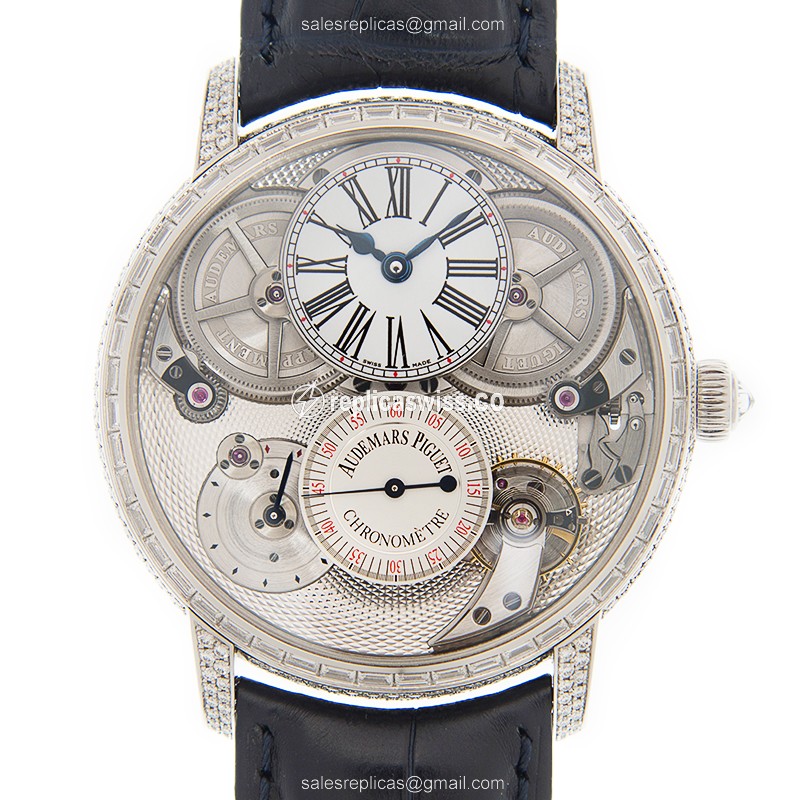 Audemars Piguet AP Unique Jules Automatic 950 Diamond Silver Dial Blue Alligator Clasp